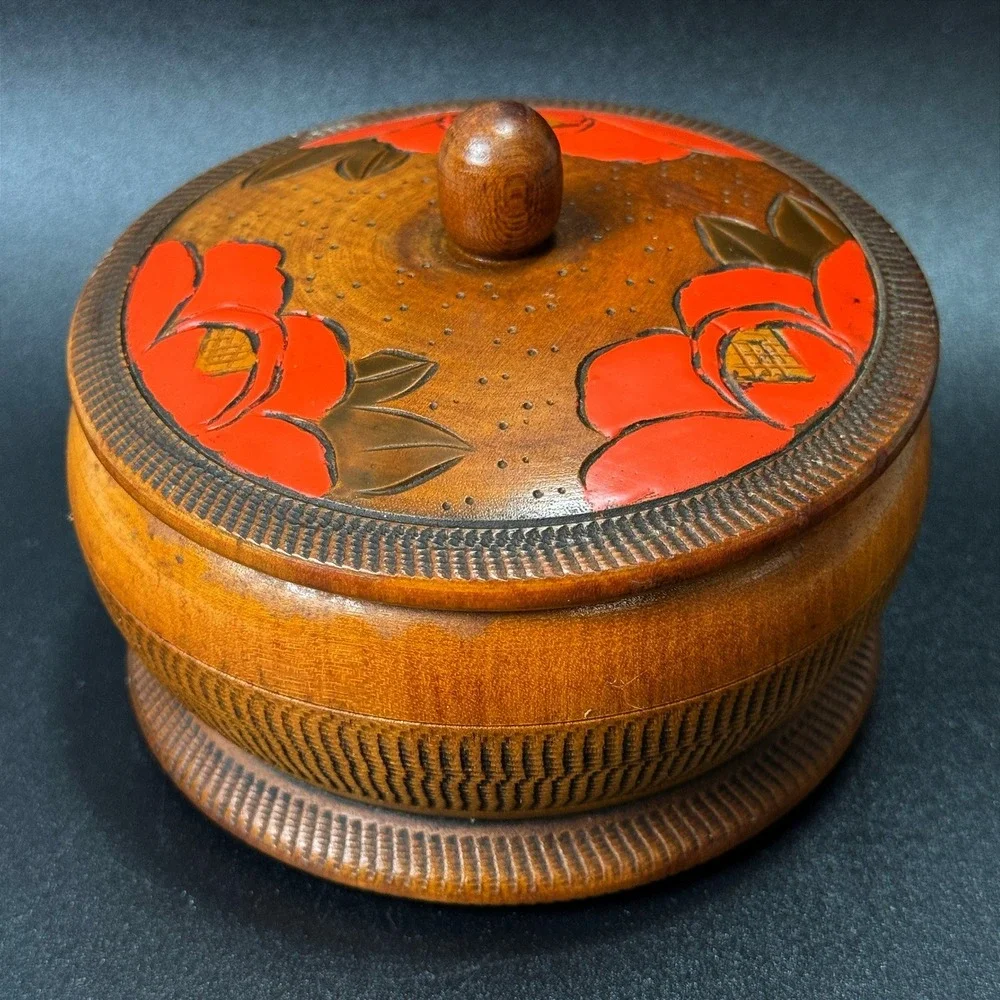 Vintage Japan Carved Wood Trinket Box Red Floral Round Storage Vanity Dresser